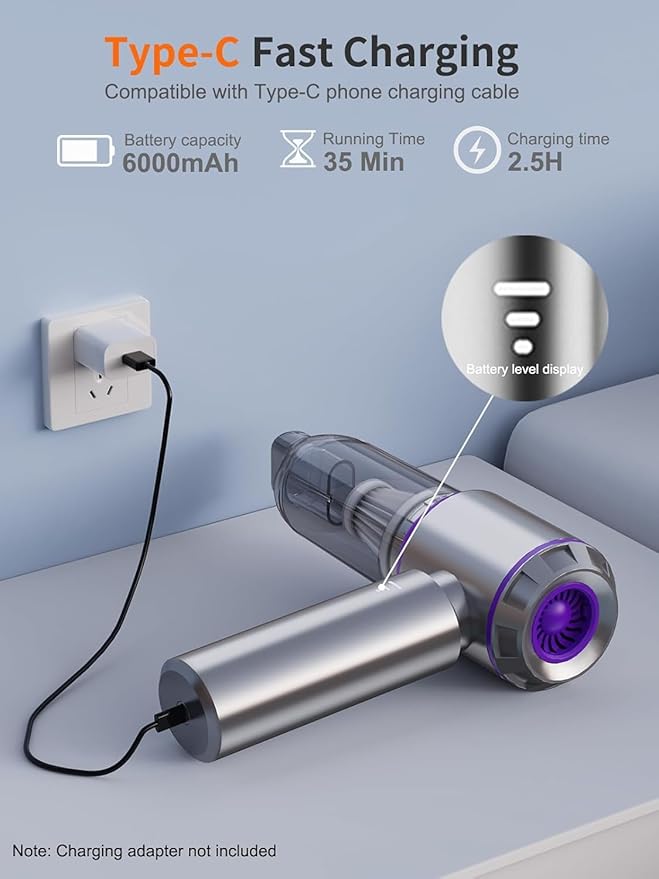 4-in-1 Cordless Mini Car Vacuum & Air Duster – 18,000PA Powerful Suction, USB-C Rechargeable, HEPA Filter, Handheld Portable for Car Interior, Pet Hair, Keyboard & Home Cleaning