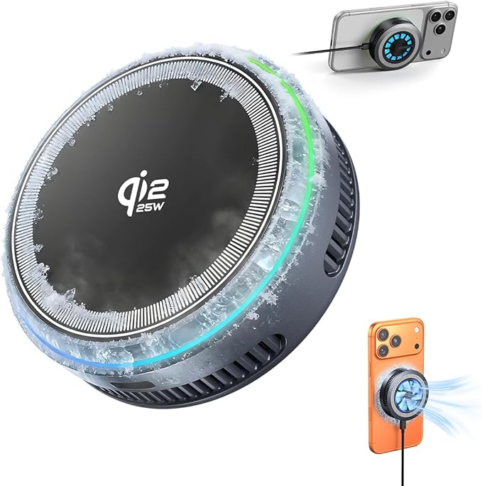 Qi2.2 Wireless Charger【25W Fast Charging+Instant Cooling】,Magnetic Charger Pad with Cooling Fan,LED Light Phone Holder Fast Charging Compatible with iphone17/16/15/14/13/12 Series