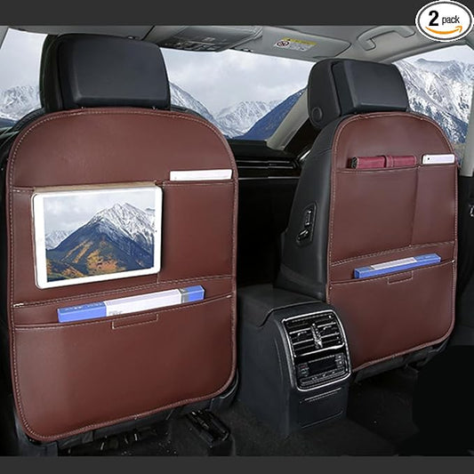 SUTSU Kick Mat Back Seat Protector， Waterproof Leather Car Seat Back Organizers Cover with 3 Storage Pockets for Kids Pets SUV Sedan Minivan Truck Car Travel Accessories (Coffee 2-pack)