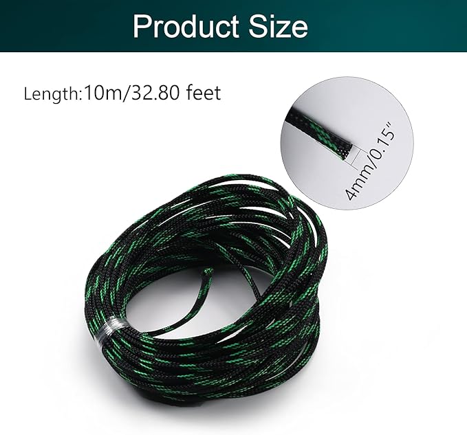 Aicosineg Black and Fluorescent Green PET Braided Sleeving 32.81 Ft Length 0.16 Inch Flat Width Cable Sleeve for Protect Cable 1Pcs