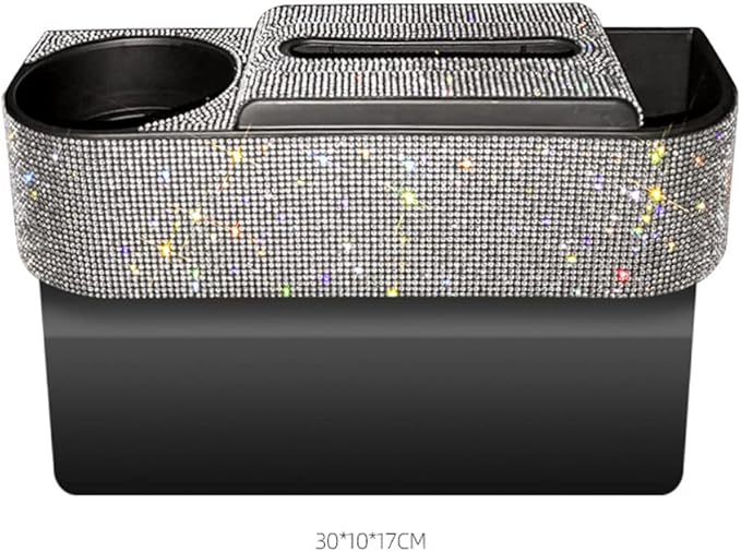 Bling Car Seat Gap Filler, Crystal Rhinestones Tissue Box Multifunctional Car Gap Organizer with Cup Holder, Bling Napkin Paper Dispenser Storage Case Car Interior Seat Gap Accessories
