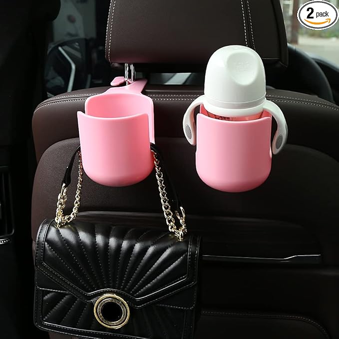 Car Seat Headrest Hook Organizer with Cup Holder - Universal Vehicle Storage Hanger for Handbags, Groceries, Backseat Organizer, Car Accessories Fit All Cars (Pink)