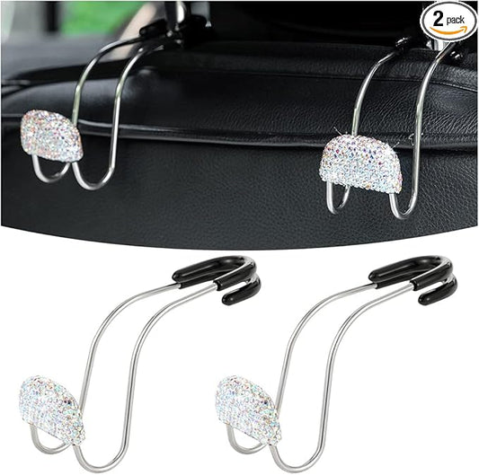 AUCELI Car Headrest Hook, 2 Pack Bling Backseat Organizer Hanger for Purse Clothes Grocery Bag, Rhinestones Auto Headrest Storage Holder, Universal Car Seat Accessories for Most Vehicle (AB)