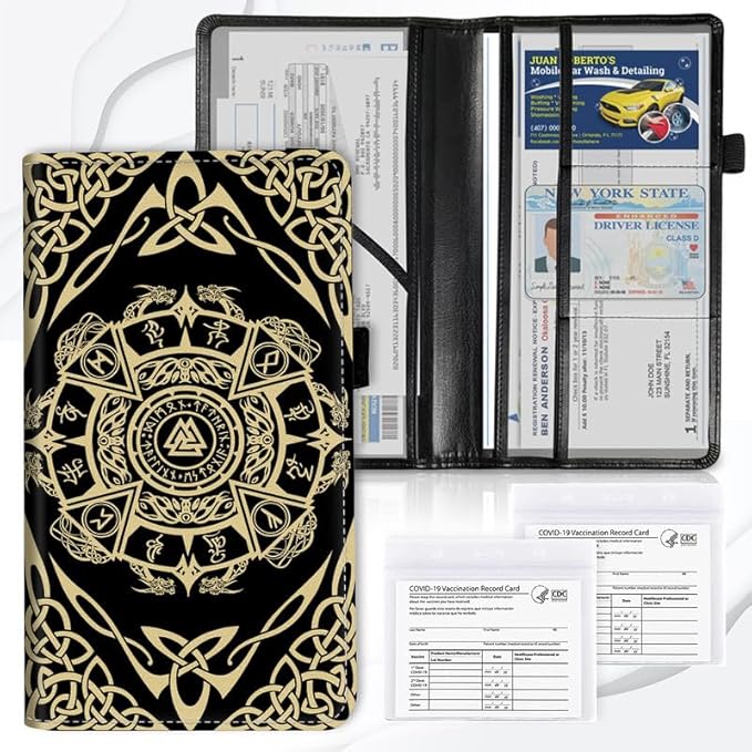 Car Registration and Insurance Card Holder, Vehicle License Documents Glove Box Compartment Organizer Wallet, ID Card Holder for Car Essentials Automobile, Nordic Viking