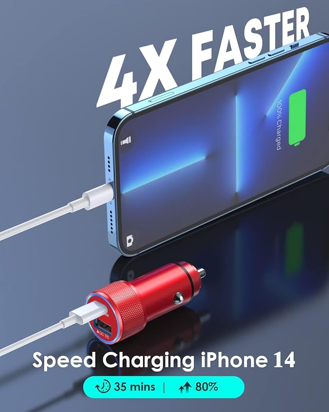 iPhone Car Charger,[2 Pack] 38W Dual Port USB C + QC 3.0 Wall Chargers [Apple MFi Certified] Cigarette Lighter Fast Car Charger Adapter with 2 pack Lightning Cable for iPhone 14 13 Pro Max 12 11 (Red)