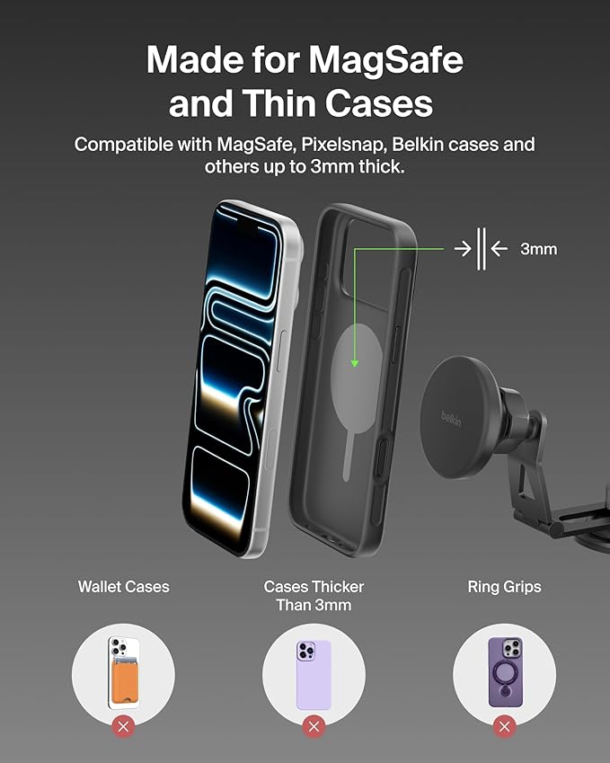 Belkin Tesla Phone Mount, Magnetic Wireless Car Mount for EV (Strong Magnet) w/ 3.3ft USB C Cable, Qi2 MagSafe Compatible Fast Charging for iPhone 17/16/15, Model 3, Model Y, etc. - Tesla Accessories