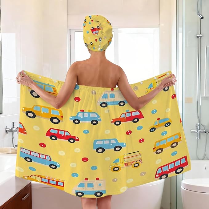 Women Bath Wrap Hair Towel Drying Cap Set Cute Cartoon Cars Bus Soft Absorbent Bathrobe Shower Wraps with Adjustable Closure Spa Bath Robe