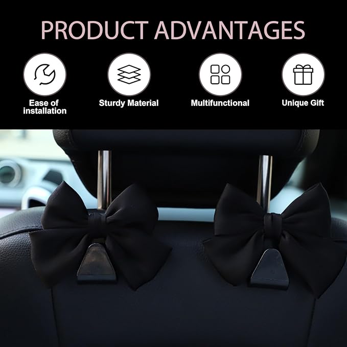 2PCS Car Seat Headrest Hooks, Car Purse Hooks, Cute Bow Shaped Auto Rear Seat Storage Hook Hanger for Purses and Bags, Auto Interior Decoration Accessory for SUV Sedan Truck (Black)