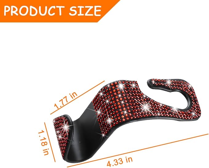 Mandark 4PCS Bling Car Seat Headrest Hooks, Crystal Rhinestone Vehicle Seat Back Hanger for Grocery Purses Handbags, Diamond Auto Seatback Storage Organizer Hanger, Universal for Most Cars (Red)