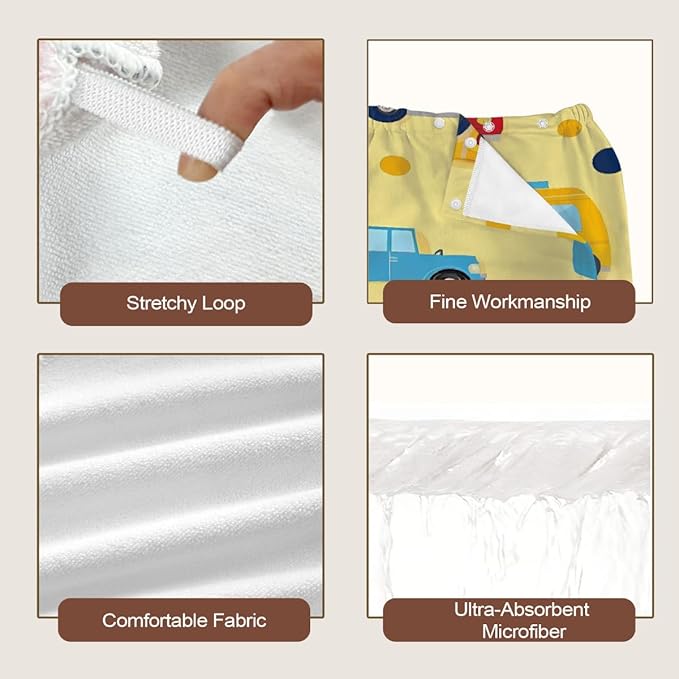 Women Bath Wrap Hair Towel Drying Cap Set Cartoon Cars Bus Pattern Soft Absorbent Bathrobe Shower Wraps with Adjustable Closure Spa Bath Robe