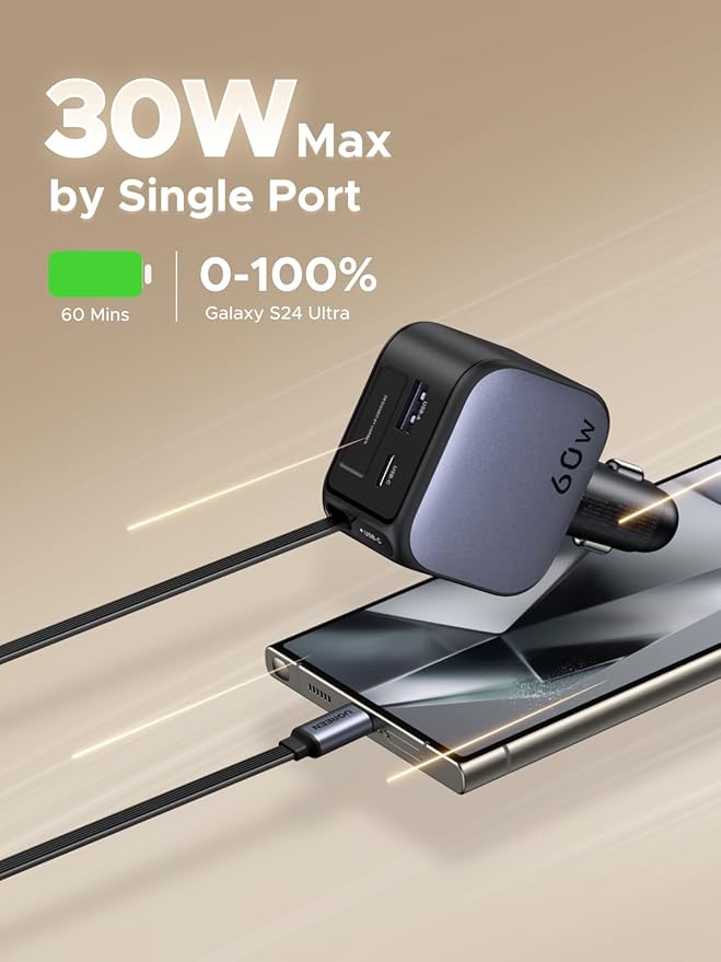 UGREEN 60W 2C1A Car Charger with Retractable Cable, 3-Port Fast Charger with 30W PD USB-C, USB-A, Cigarette Lighter Adapter for iPhone 17/16/15, Galaxy S25/S24, iPad, GPS, 12V Car Accessories