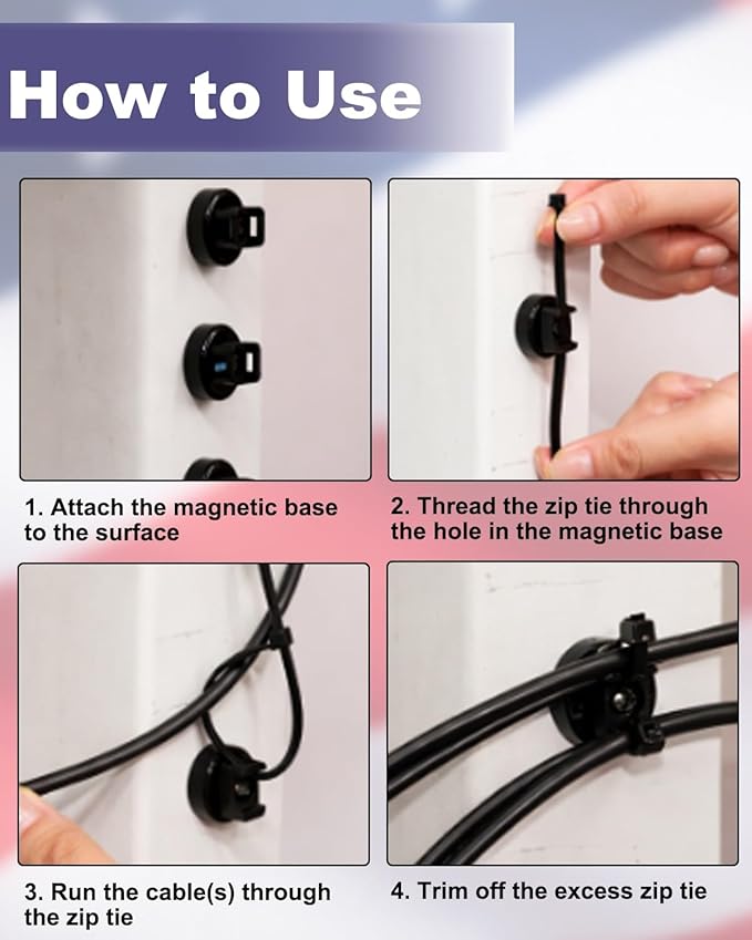 Magnetic Zip Tie Mount Base Kit,30PCS Magnetic Mounting Holder with 30 Cable Ties,Cord and Wire Management Clips,Reusable Heavy Duty Multipurpose Organizer for Desk,Car,Garage,Office