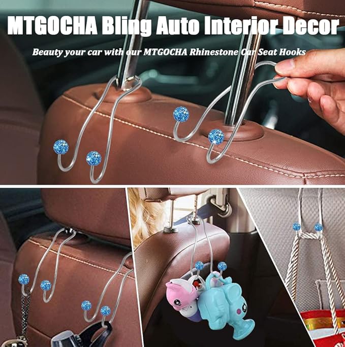 MTGOCHA Bling Purse Hook for Car Headrest, Upgraded Cute Car Seat Hooks for Bag Handbag, Durable Stainless Auto Purse Hanger Holder 2 Pack, Light Blue