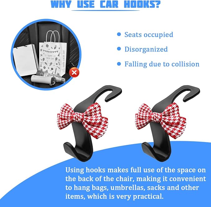 2PCS Car Seat Headrest Hooks, Cute Bow Vehicle Backseat Storage Hanger for Handbag Umbrella Coat, Auto Seat Back Hook Holder Organizer Decor, Universal for Vehicles (Small Red Houndstooth)