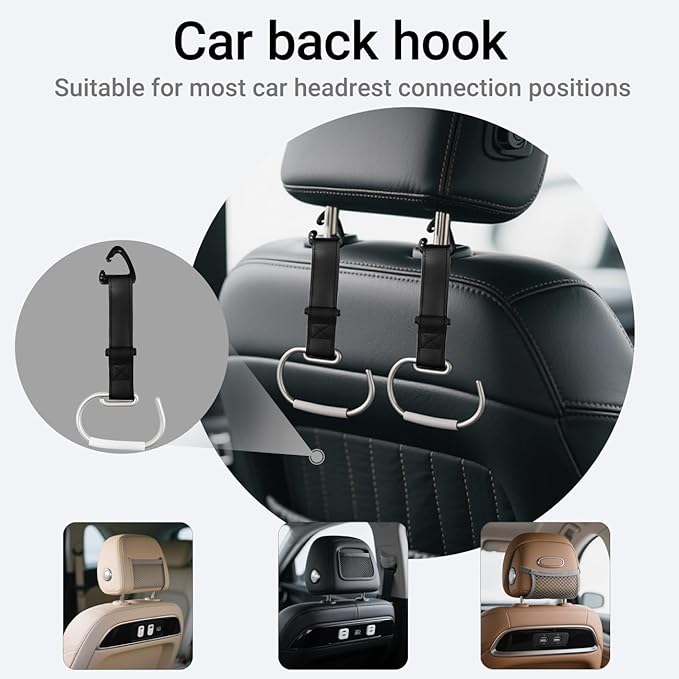 2Pcs Car Purse Hooks, Adjustable Leather Headrest Hooks for Car, Seat Back Organizer for Bags Purses (Black)