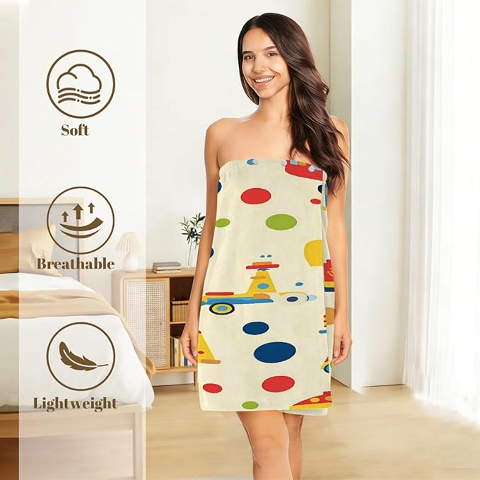 Women's Bath Wrap Cartoon Colorful Trucks Cars Absorbent Shower Spa Body Bath Robe Wraps Bathrobe Towel with Adjustable Closure