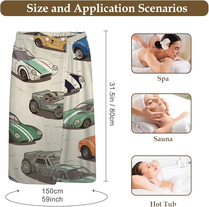 Towel Wrap for Women, Wearable Towel Dress Spa bathrobe with Adjustable Closure(Cute Cartoon Cars Pattern)