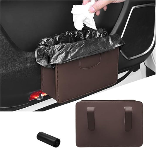 Car Trash Can, Leather Auto Garbage Bin, Magnetic Litter Storage Container, Mini Portable Foldable Vehicle Interior Hanging Dustbin Accessories, Universal for SUV, Truck, RV（Brown）