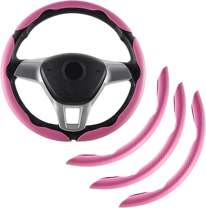 Amiss 3pcs Carbon Fiber Anti-Skid Steering Wheel Cover, Waterproof & Segmented Butterfly Design, Universal 99% Vehicle Wheel Cover Protector, Car Interior Accessories (Pink-3pcs)