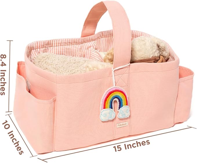 Folkulture Baby Diaper Caddy | Cotton Diaper Bag for Kids - Stylish Comfort Spacious Travel Essential Cart | Nursery Storage Bin and Car Organizer for Diapers, Wipes - (Powder Pink -15")