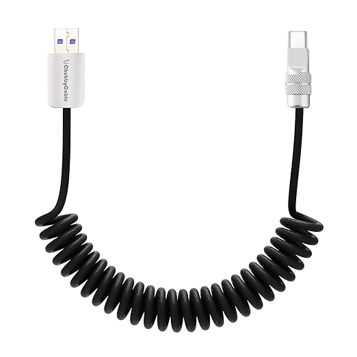 chubbycable Curly Chubby 120W Coiled USB C Fast Charging Cable Durable Braided Charger Cord for Car Compatible with iPhone 17-15 Series iPad, Black, USB-A to Type-C, 2.13FT-6.56FT