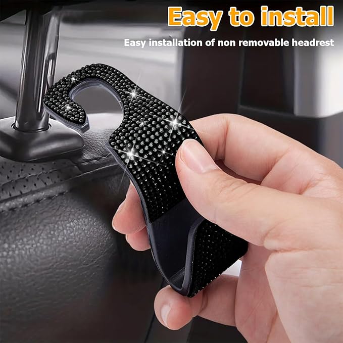 Zpana 4PCS Bling Car Seat Headrest Hooks, Vehicle Back Seat Purse Handbag Hanging Holder with Crystal Rhinestone, Diamond Storage Organizer Hook, Universal Automotive Accessories (Black)