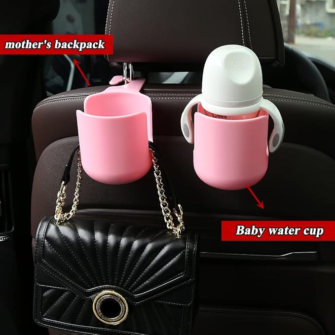 Car Seat Headrest Hook Organizer with Cup Holder - Universal Vehicle Storage Hanger for Handbags, Groceries, Backseat Organizer, Car Accessories Fit All Cars (Pink)
