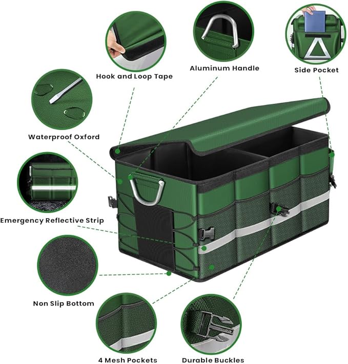 Car Trunk Organizer, Car Storage Organizer with Waterproof Bag Collapsible Multi Compartment Organizer for Car, Suv, Sedan, Truck, Aluminium Handle (Green, Large 66L)