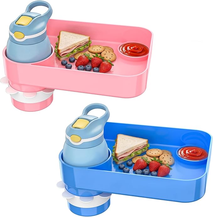 Kids Car Seat Tray, Travel Tray with Cup Holder for Toddler Baby, Kids Car Seat Food Snack Organizer for Road Trip, Stroller Snack Organizer Travel Must Haves Toddler Must Haves (Blue+Pink, 2 Packs)