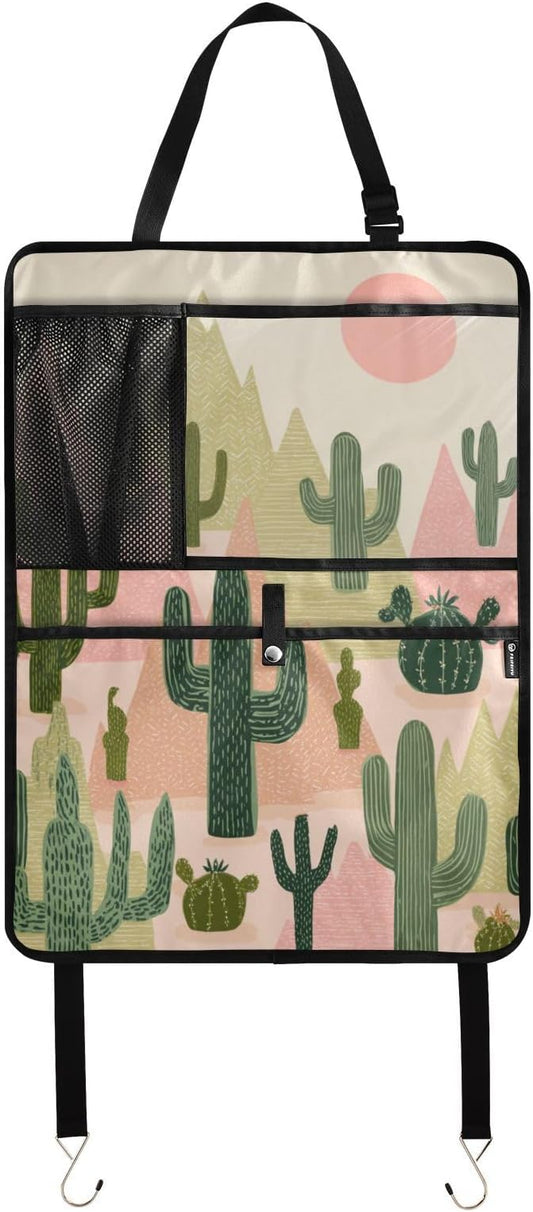 1 Pack Back Seat Car Organizer with Storage Pockets Kick Mats Back Seat Protector Hanging Car Organizer Automotive Seat Back Cover Organizers Boho Cacti Mountains Sun