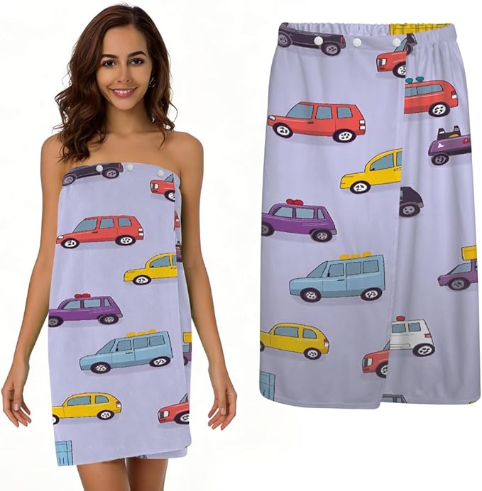 Women's Bath Wrap Cute Cars Pattern Absorbent Shower Spa Body Bath Robe Wraps Bathrobe Towel with Adjustable Closure