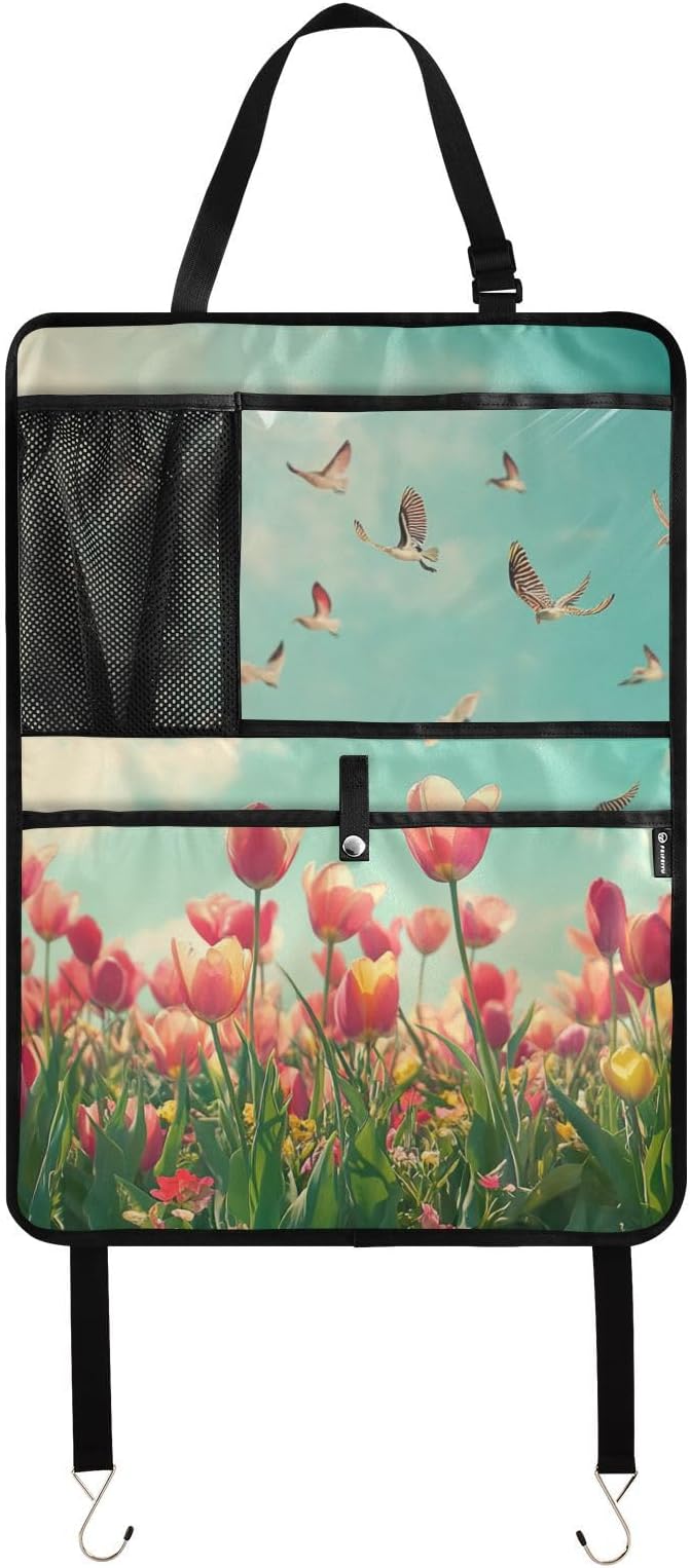 Beautiful Spring Tulips and Herringbone Birds 2 Pack Backseat Car Organizer with Storage Pockets Seat Back Organizers for Kids Kick Mats Backseat Protector Automotive