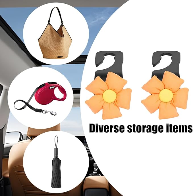 Car Seat Headrest Hooks, 2PCS Cute Flower Vehicle Seat Back Organizer Holder for Purses Bags Grocery, Automotive Interior Storage Hanger Decoration Accessories, Universal Fit (Black/Yellow)