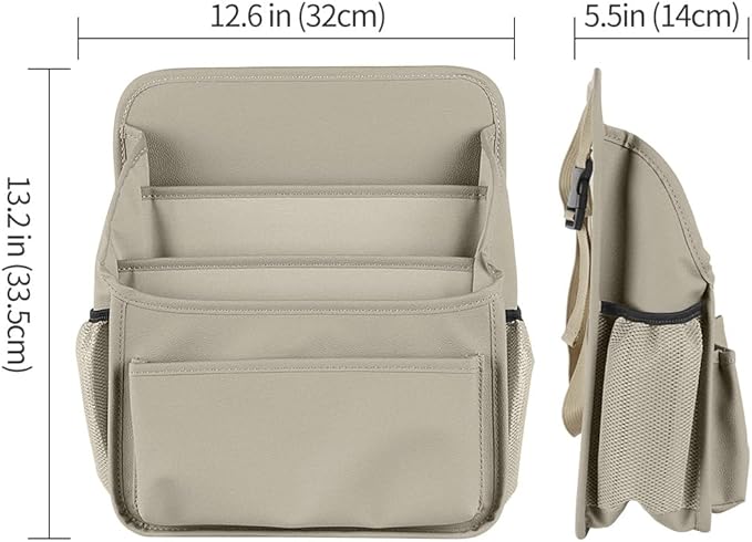 Front Seat Organizer Car Upholstery Leather Passenger Seat Storage Bag Large Durable Car Organizer with Adjustable Strap Multiple Compartments Mesh Bags Cup Holders (beige)