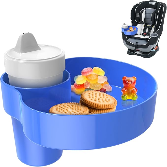 Kids Car Seat Cup Holder Snack Tray - Toddler Travel Essentials for Mess-Free Snacking on Road Trips, Travel Accessory Compatible with Safety Seats & Strollers Console, (Blue, 1 PACK)