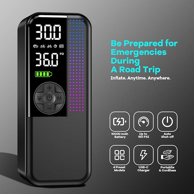 WEOLULI Tire Inflator Portable Air Compressor,150 PSI Cordless Air Pump, 12V DC Car Plug,Dual Power 10000mAh, Fast Inflation 24L/Min, 4 Preset Modes for Car, Bike, Motorcycle, Balls (Black, 10000mAh)