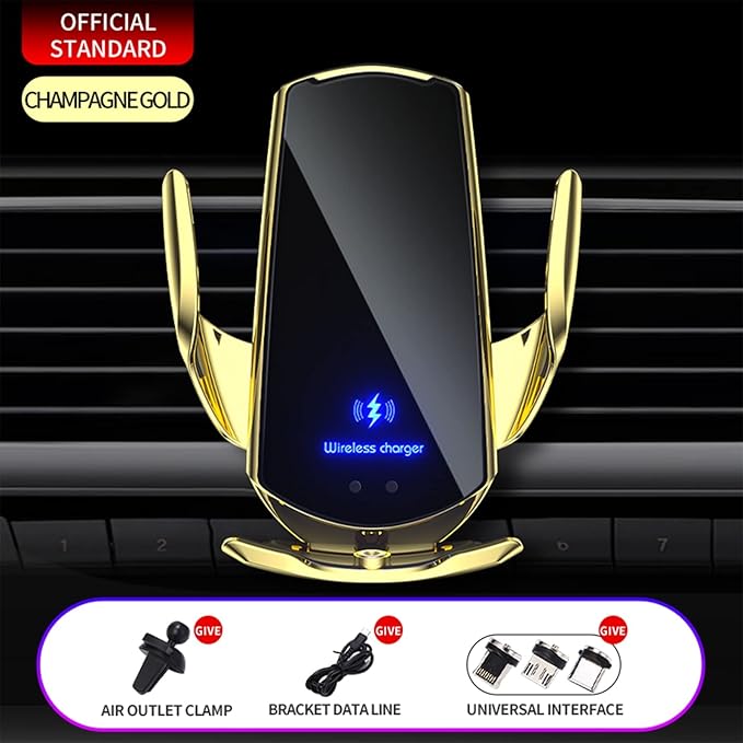 Wireless Car Charger Automotive Electric Induction 15W Wireless Charger Car Vent Mount Bracket Fast Charging Auto-Clamping Car Phone Holder Mount Air Vent Phone Holde (Gold)