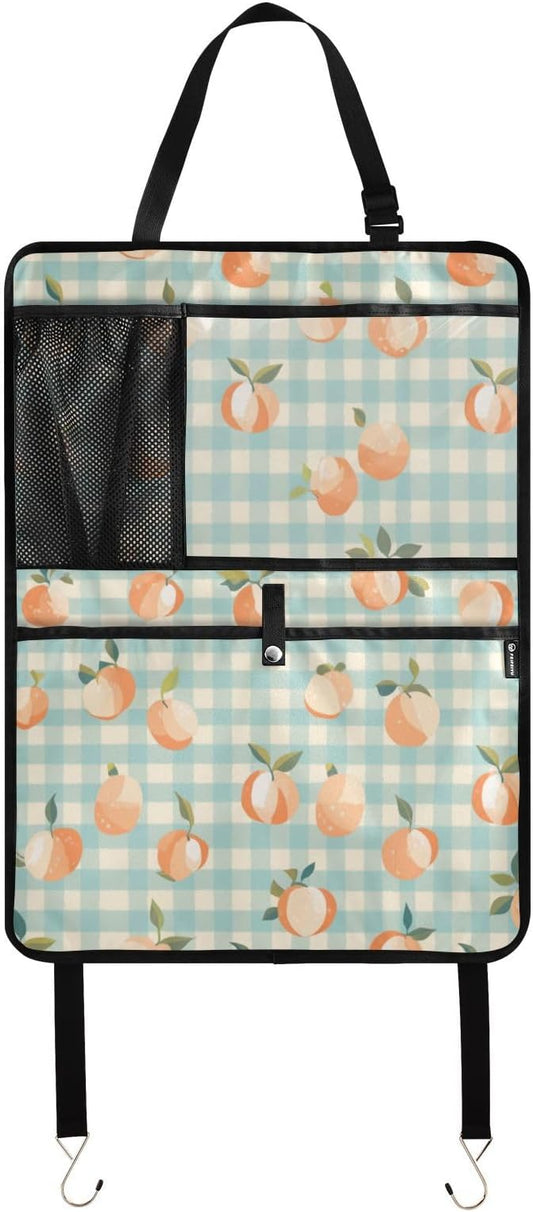 1 Pack Back Seat Car Organizer with Storage Pockets Kick Mats Back Seat Protector Hanging Car Organizer Automotive Seat Back Cover Organizers Peaches Plaid Vacation Style Blue