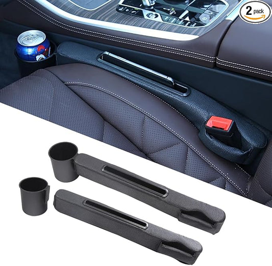Advanced 3-in-1 Car Seat Gap Filler Organizer 2 Packs, PU Leather Console Side Storage Pad with Removable Cupholder, Anti-Slip Blocker for Phone Coins Keys