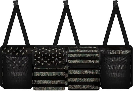 Patriotic Car Backseat Trunk Hanging Organizer for Men Suv Trunk Organizer Green Camo American Flag Cargo Storage Bag,4 Compartments