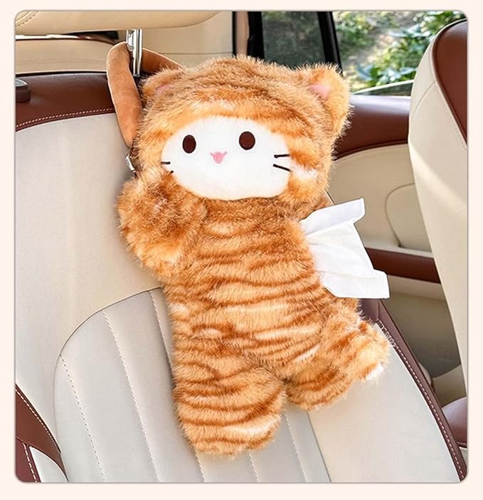 Tissue Box Cover Plush Tissue Box Holder for Car, Home, Decorative Holder/Organizer for Bathroom Vanity Countertop, Nightstands, Office Desk-Orange Cat