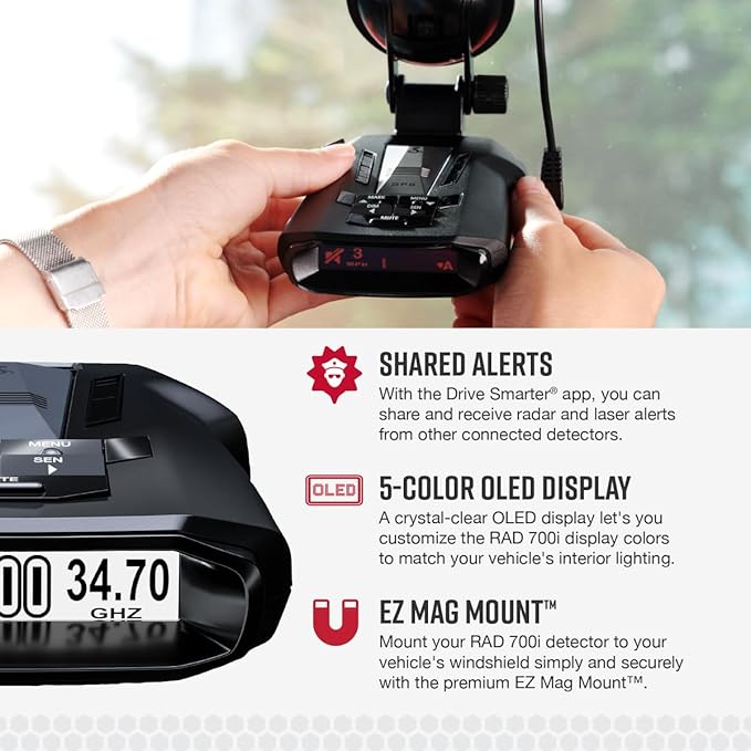 Cobra RAD 700i Laser Radar Detector + OBDII Power Cord Bundle - Premium Detection Range, Advanced Filtering Software, Apple CarPlay and Android Auto Compatible, Front and Rear Detection