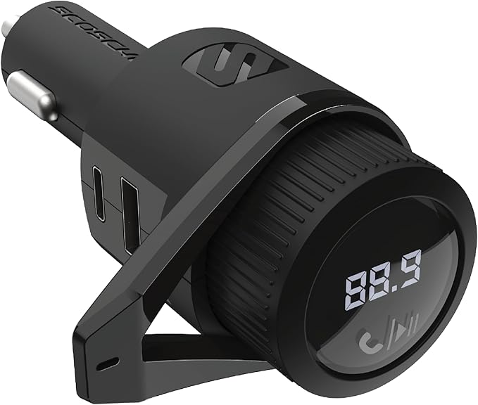 Scosche BTFM9 FM Bluetooth Transmitter Car, Dual 12W USB-C and USB-A Charging Ports, Fast Type C Car Charger, Wireless Radio Bluetooth Adapter, Hands-Free Kit for Calls, Siri and Google Assistant