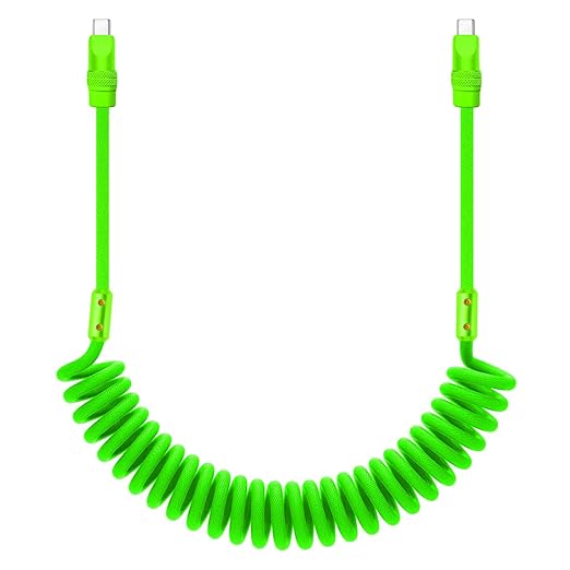 chubbycable Curly Chubby 240W Coiled USB C Cable Retractable Fast Charging Cable for Car Charger Cord Compatible with iPhone 17-15 Series, Green, Type-C to Type-C, 2.29FT-3.6FT