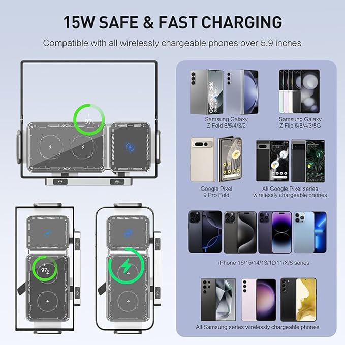 Famous Tech Shop Wireless Car Charger Mount, Car Phone Holder Charger with 15W Fast Charging, Auto Rotation & Dual Mount