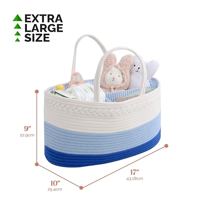 luxury little Diaper Caddy Organizer, Large Cotton Rope Nursery Baby Basket, Changing Table Organizer for Baby Diaper Storage, Portable Car Organizer Removable Divider (Blue, Extra Large)