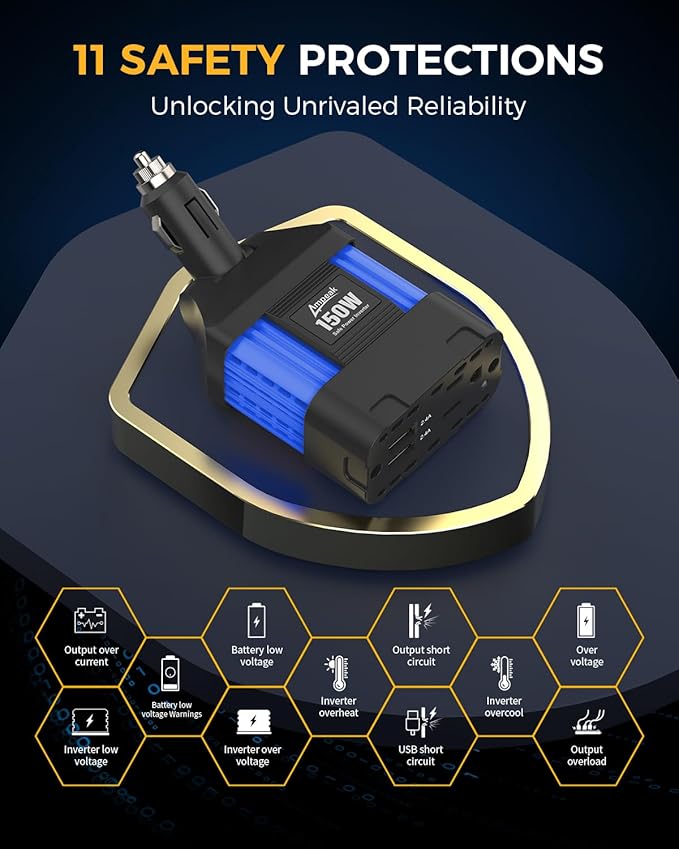 Ampeak 150W Car Power Inverter 4.8A Dual USB Ports AC Outlet Car Adapter Cordless Car Inverter 12V DC to 110V AC Car Adapter for Plug Outlet