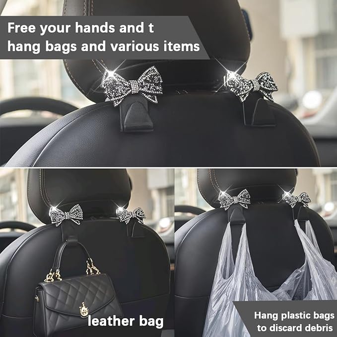 Zpana Bling Car Headreat Hook, 2PCS Crystal Rhinestone Cute Bow Vehicle Seat Back Hanger Storage for Purses Bags Grocery, Diamond Auto Rear Seat Organizer, Universal for SUV Truck Sedan (White)