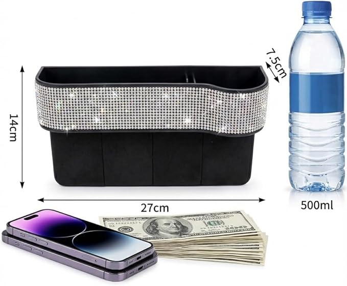 Bling Bling Car Seat Organizer Front Seat Gap Filler with Crystal Rhinestones Diamond, PU Leather Car Seat Console Storage Organizer for Car Accessories (Colorful)