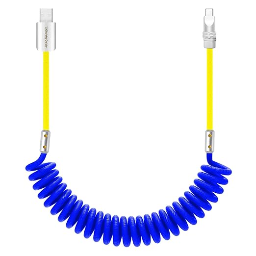 chubbycable Curly Chubby 120W Coiled USB C Cable Retractable Fast Charging Cable for Car Charger Cord Compatible with iPhone 17-15 Series, Dark Blue and Yellow, USB-A to Type-C, 2.29FT-3.6FT